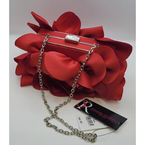 Sondra Roberts Red Evening Flower Purse/Clutch Chain Strap Rhinestone Closure - Picture 1 of 16